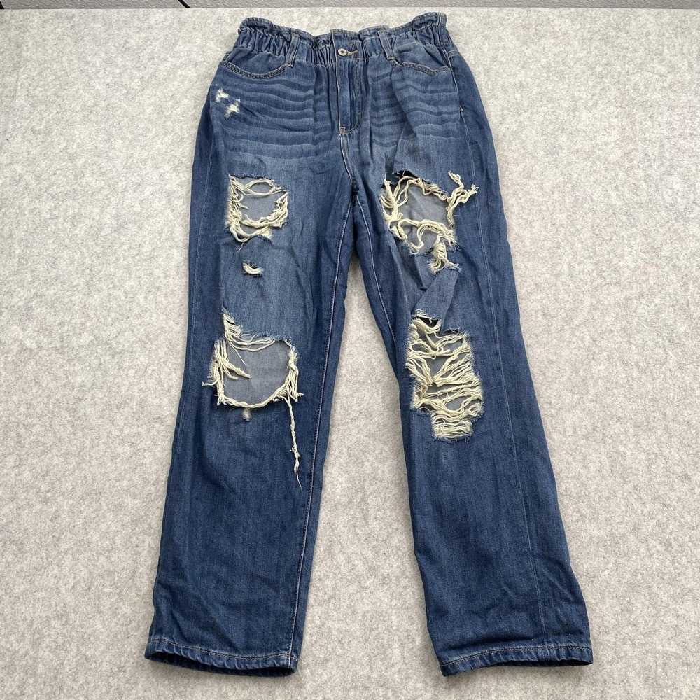 KanCan Straight Jeans Juniors 13/30 (31x27) Blue Med Wash Distressed High Rise